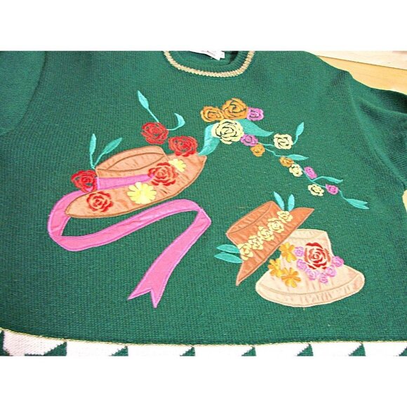 Vintage Lambelle Green Bright Floral Hat Design Tunic Sweater Wool Blend Sz M - Picture 5 of 12